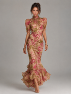 Chiffon Puff Sleeve Fishtail Maxi Dress Wedding Guest
