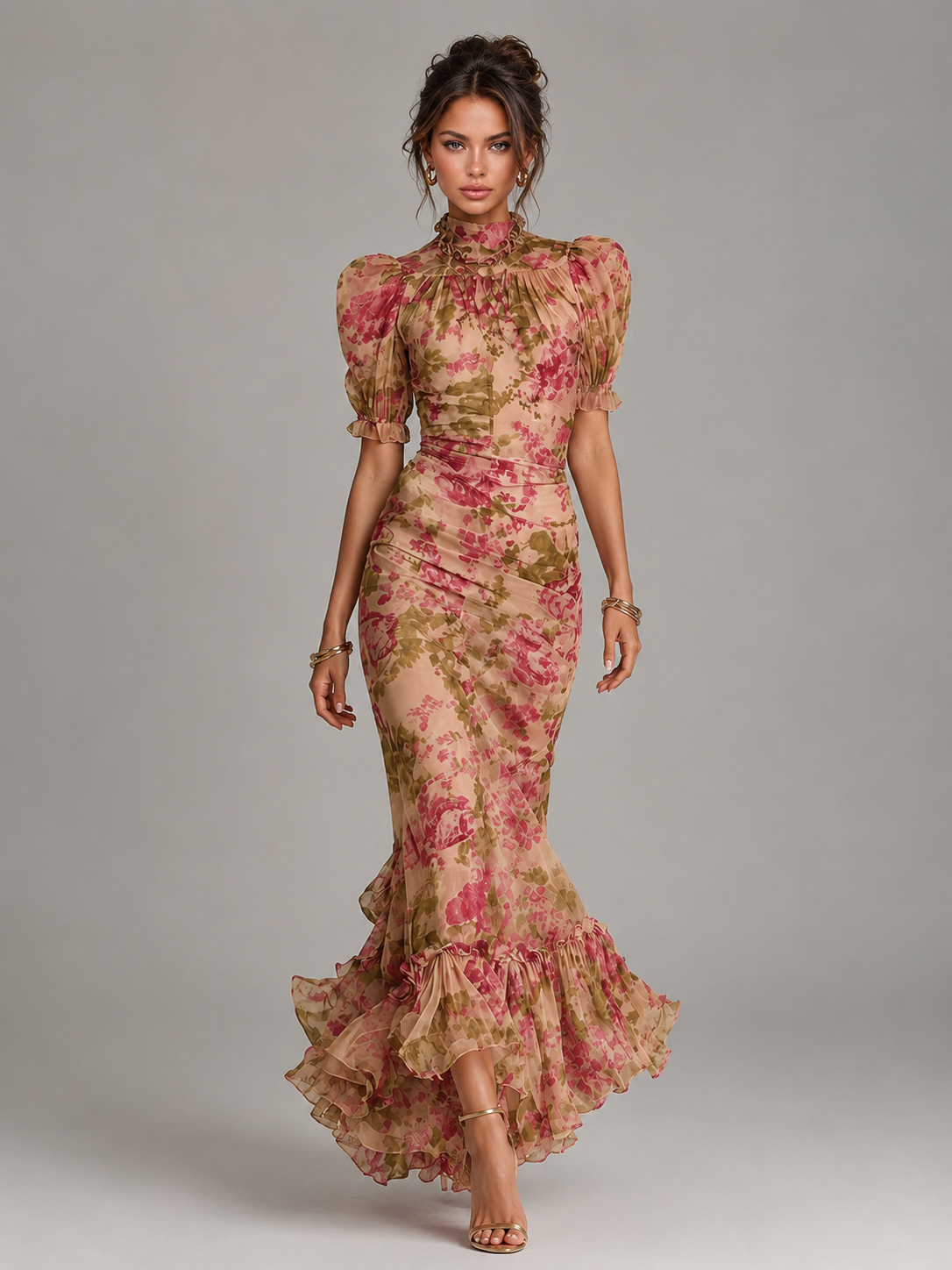 Chiffon Puff Sleeve Fishtail Maxi Dress Wedding Guest