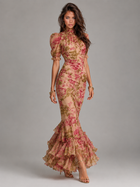 Chiffon Puff Sleeve Fishtail Maxi Dress Wedding Guest