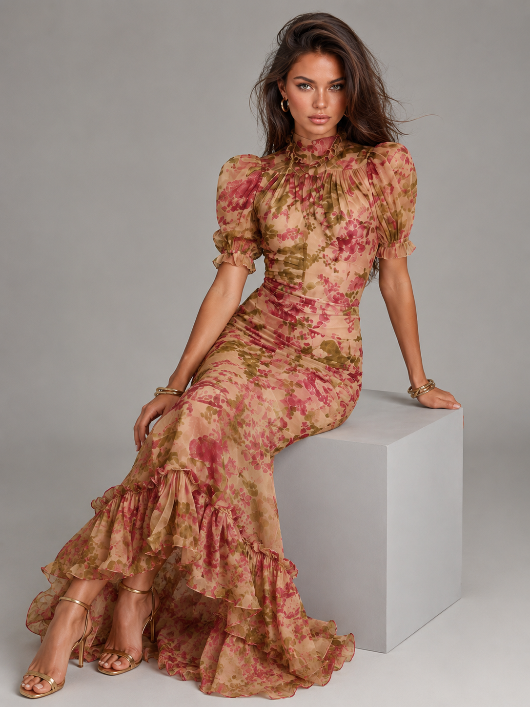 Chiffon Puff Sleeve Fishtail Maxi Dress Wedding Guest