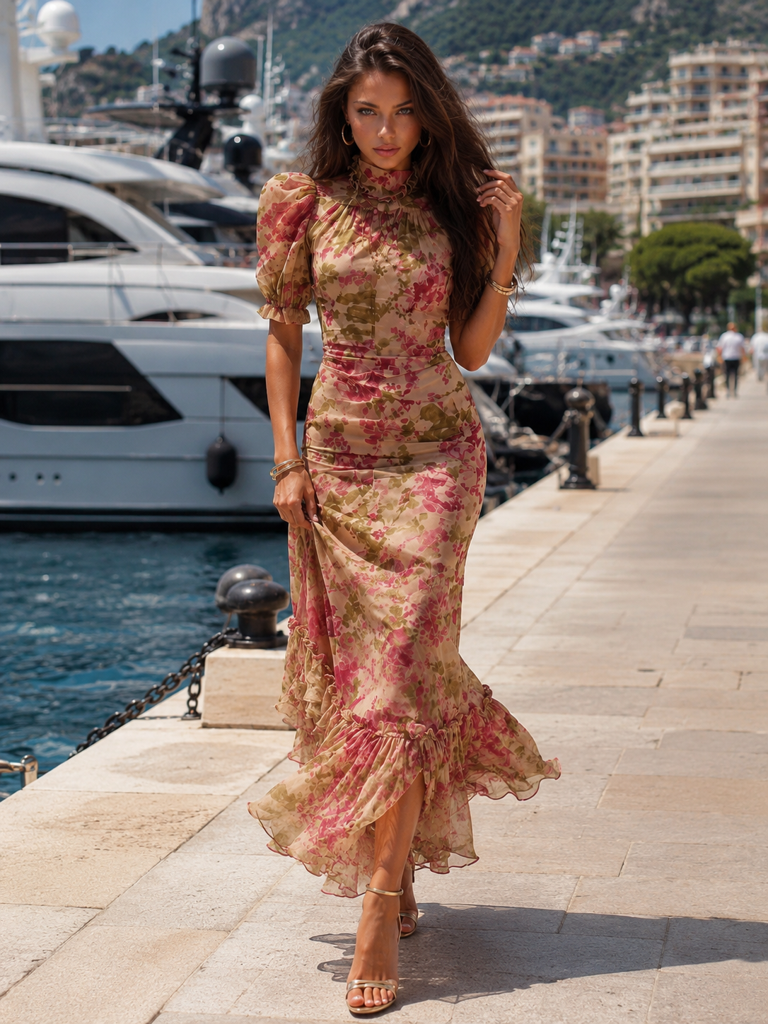 Chiffon Puff Sleeve Fishtail Maxi Dress Wedding Guest