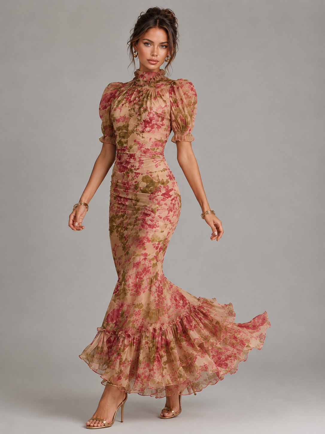 Chiffon Puff Sleeve Fishtail Maxi Dress Wedding Guest