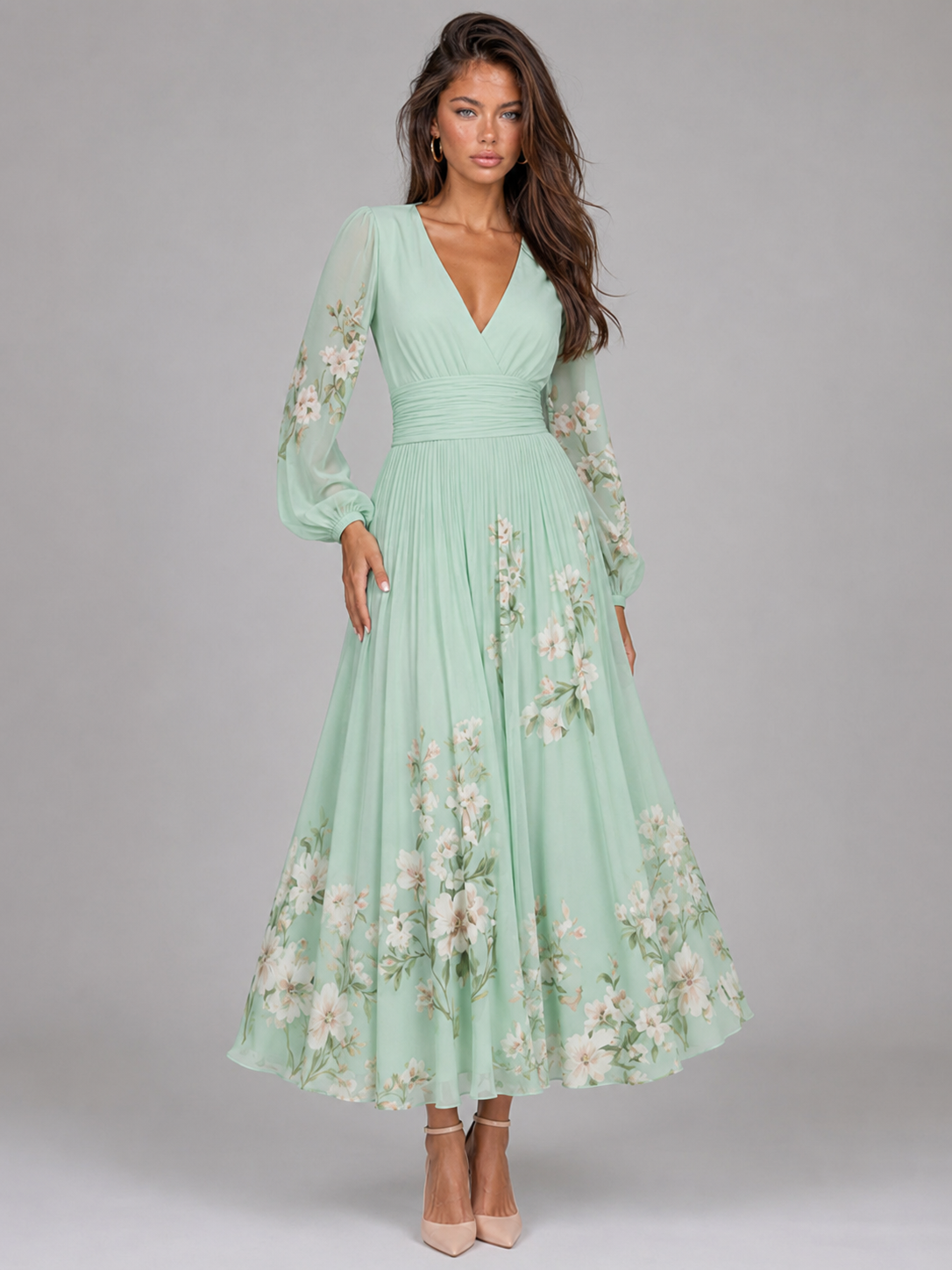 Floral Chiffon V Neck A Line Midi Dress Summer Women