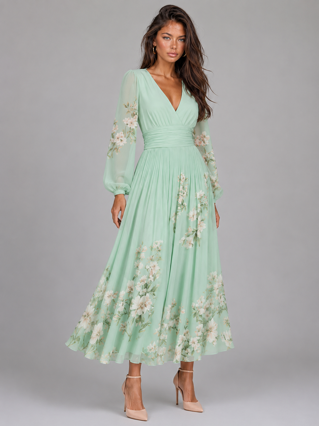 Floral Chiffon V Neck A Line Midi Dress Summer Women