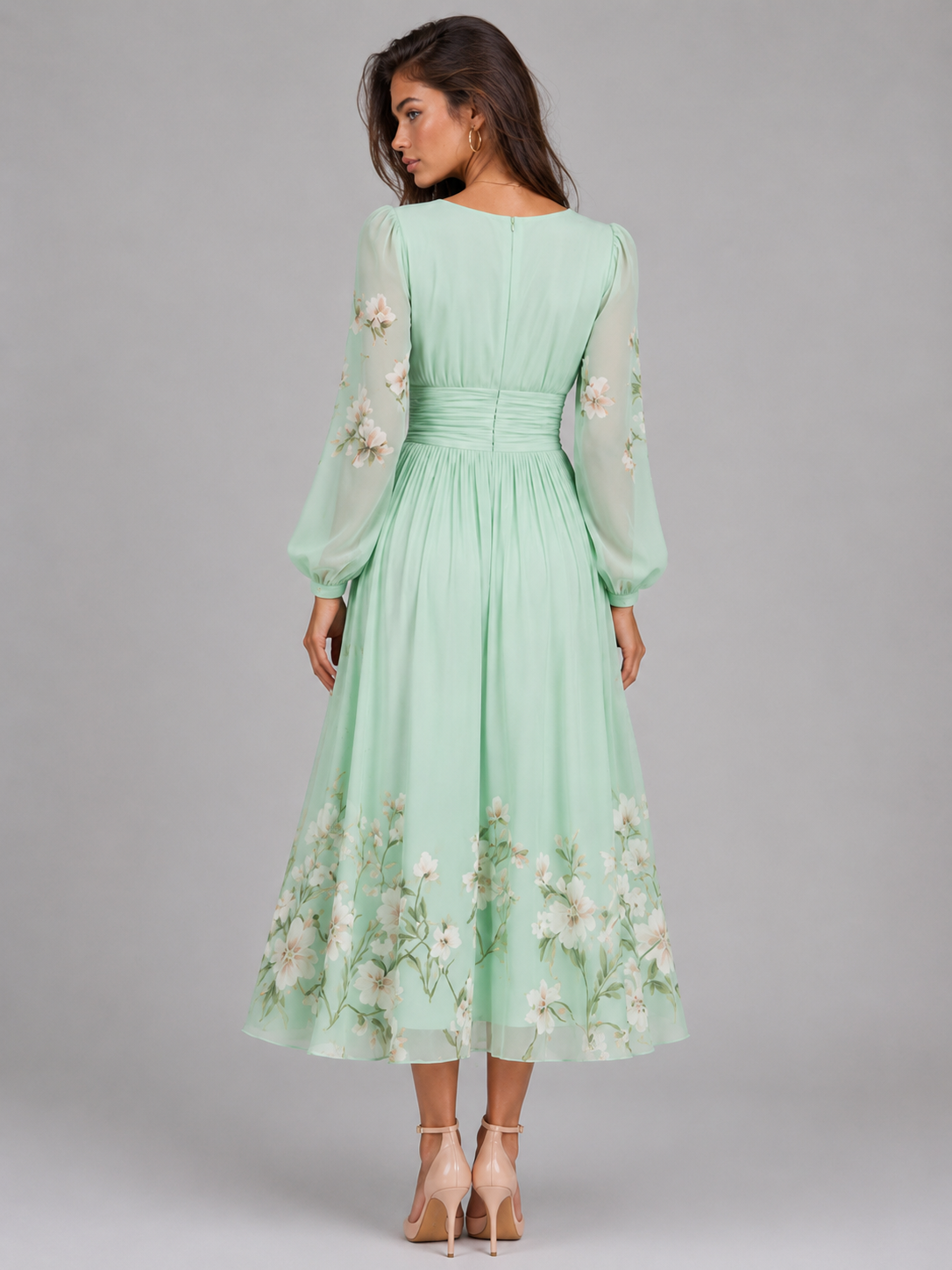 Floral Chiffon V Neck A Line Midi Dress Summer Women