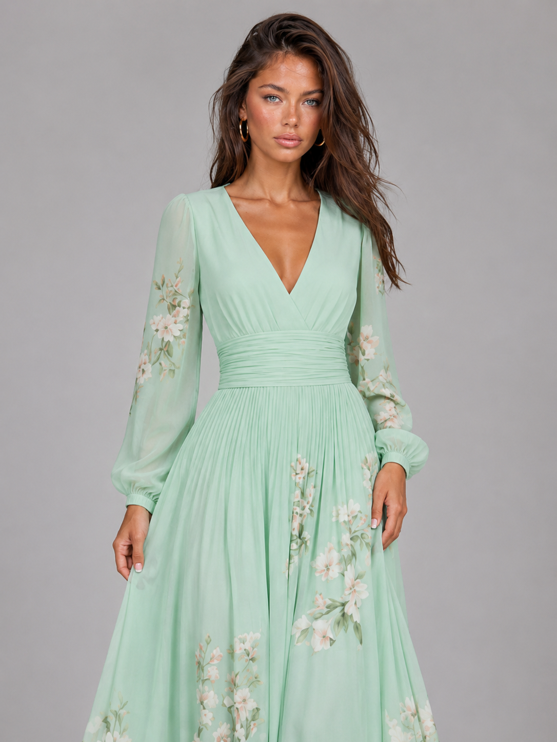 Floral Chiffon V Neck A Line Midi Dress Summer Women