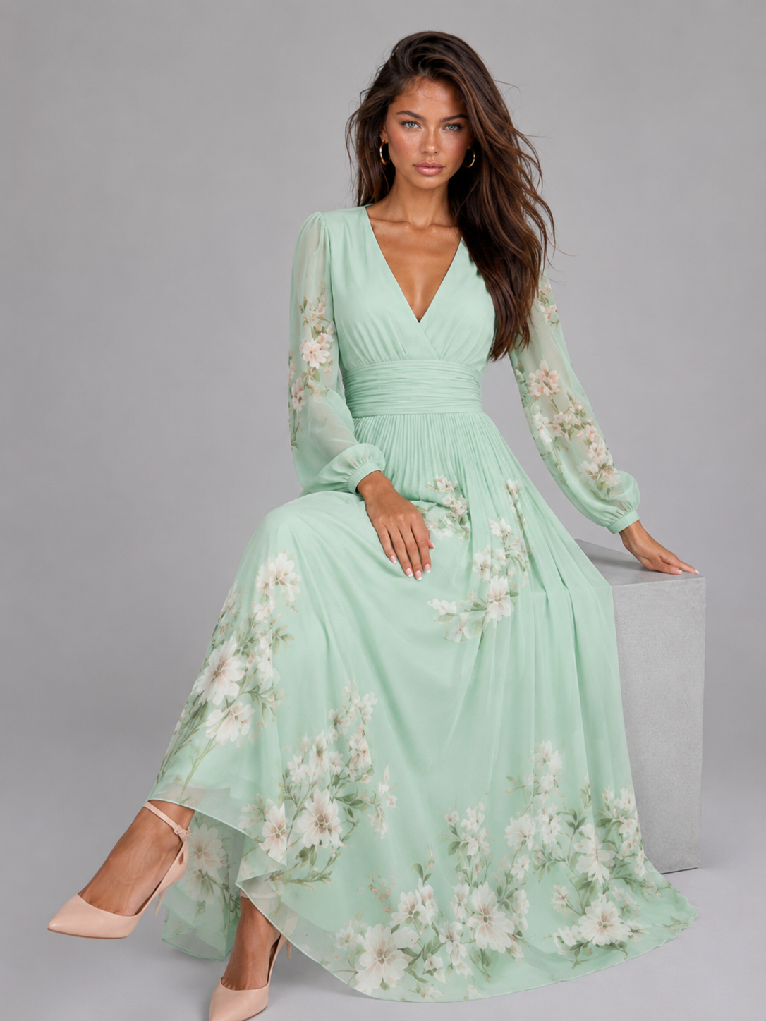 Floral Chiffon V Neck A Line Midi Dress Summer Women