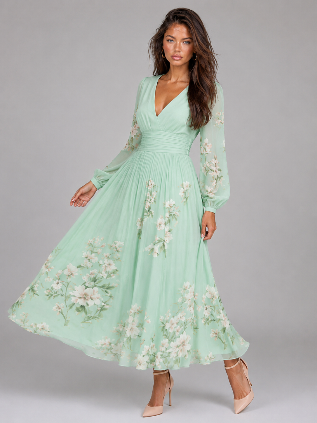 Floral Chiffon V Neck A Line Midi Dress Summer Women
