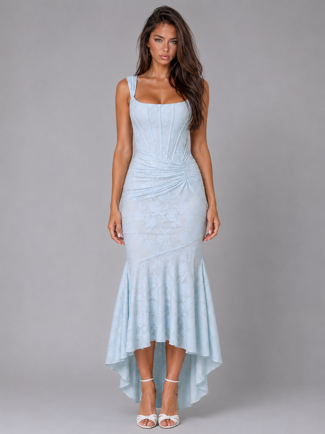 Ruched Lace Bodycon Midi Dress Cocktail Women