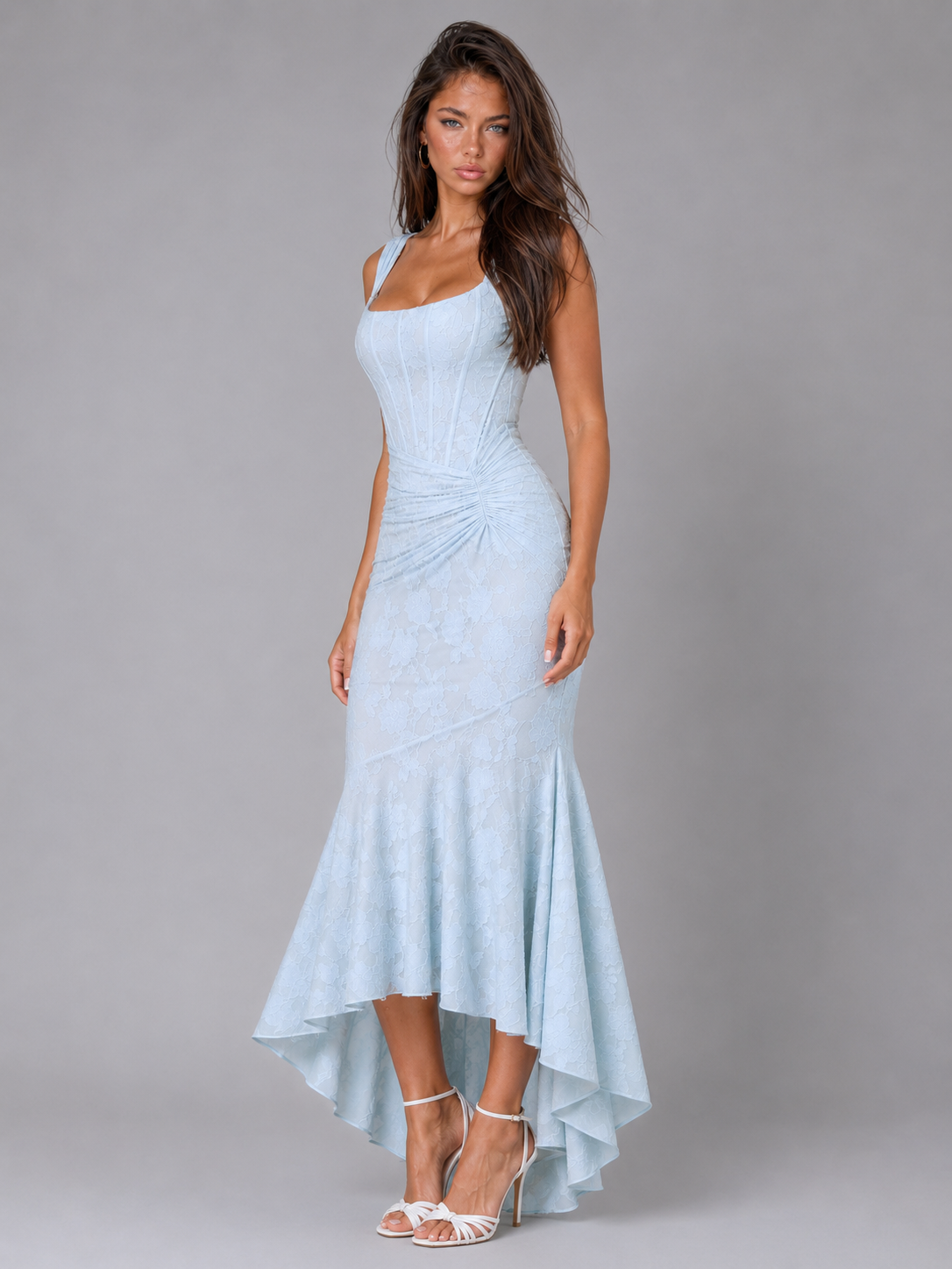 Ruched Lace Bodycon Midi Dress Cocktail Women