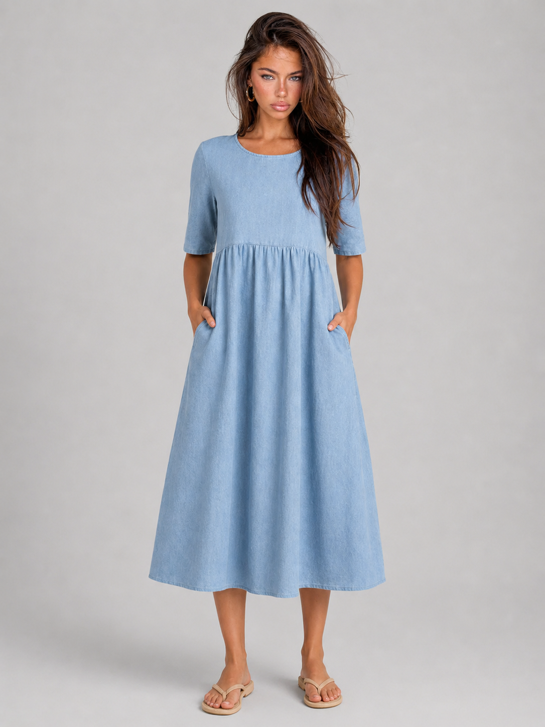 Linen Look Midi Dress Summer Women