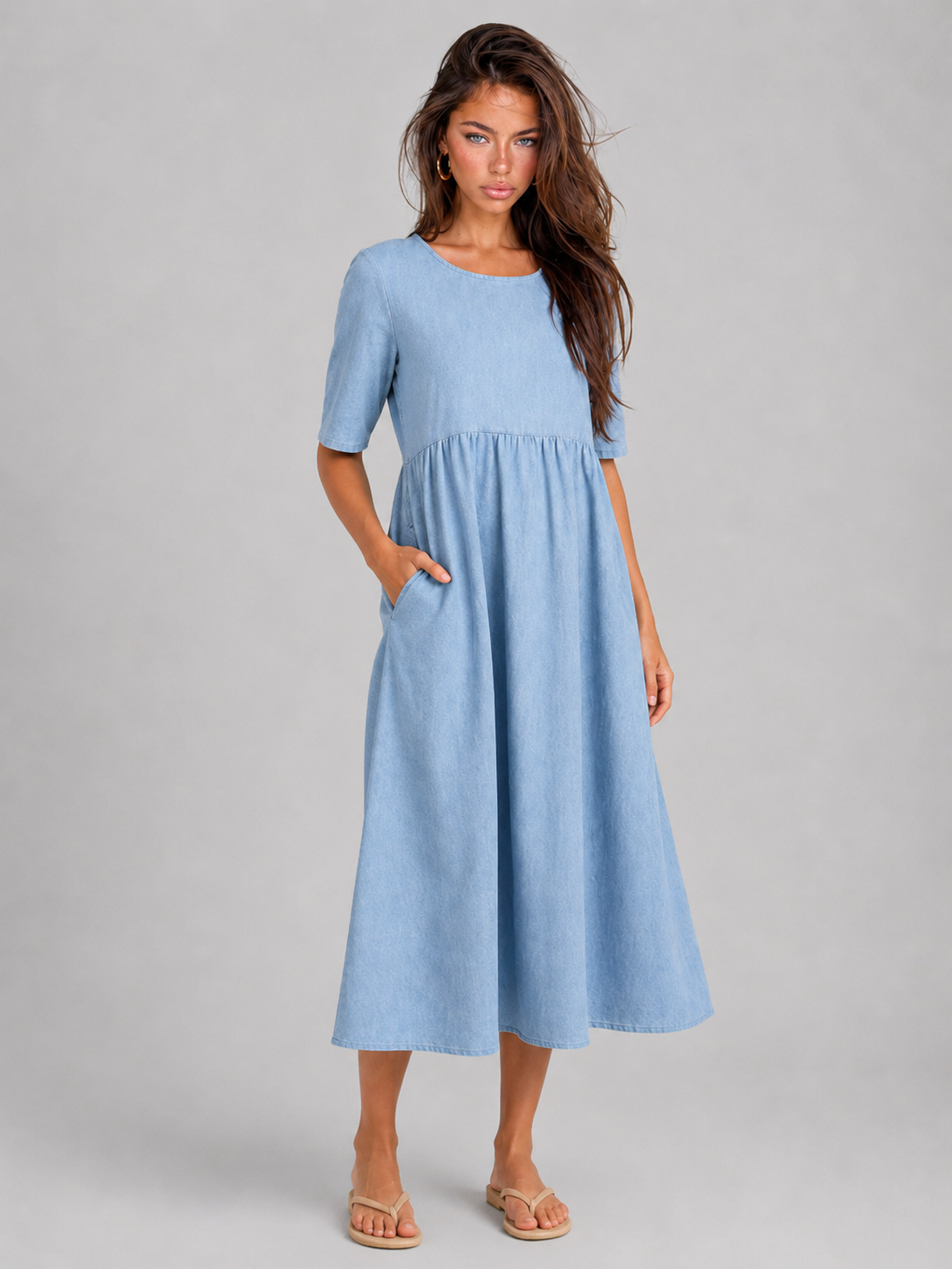 Linen Look Midi Dress Summer Women