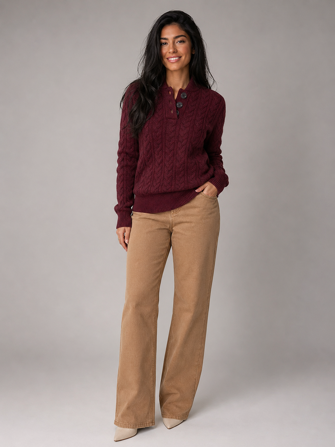 Maren | Cable Knit Button Neck Sweater