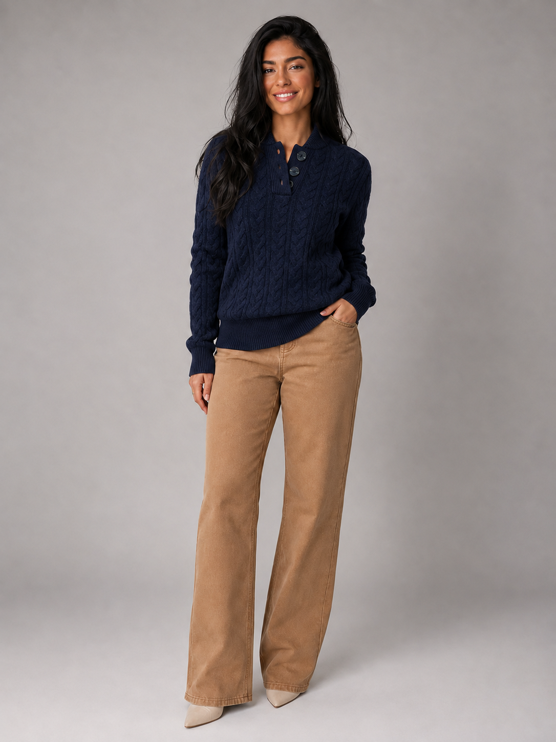 Maren | Cable Knit Button Neck Sweater