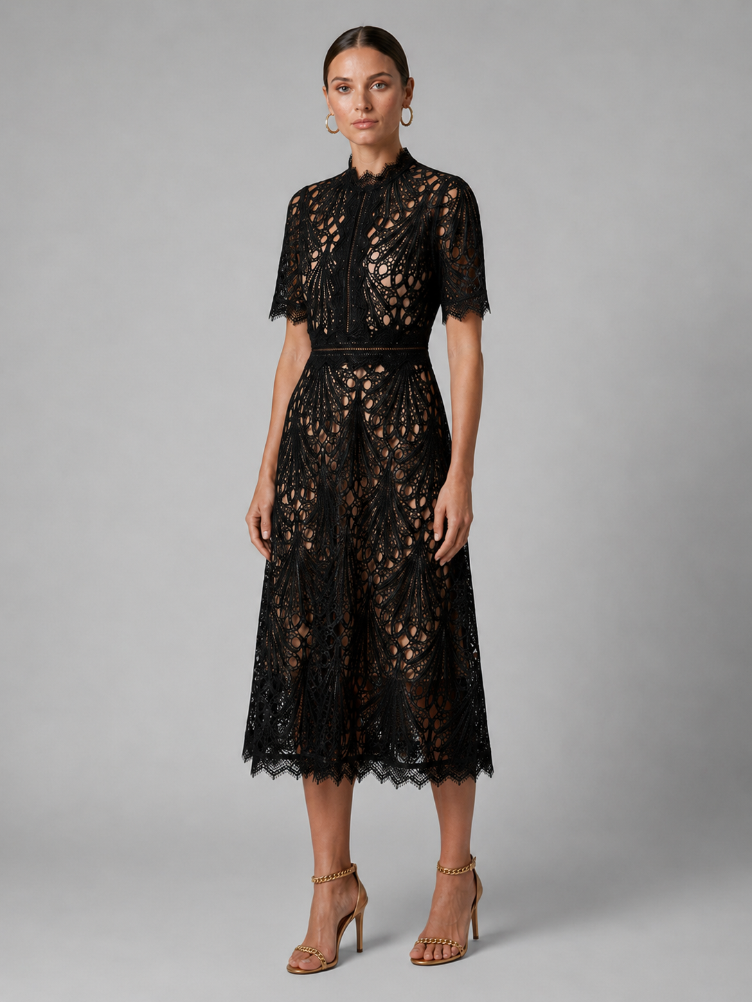 Lace High Neck A Line Midi Dress Cocktail Women