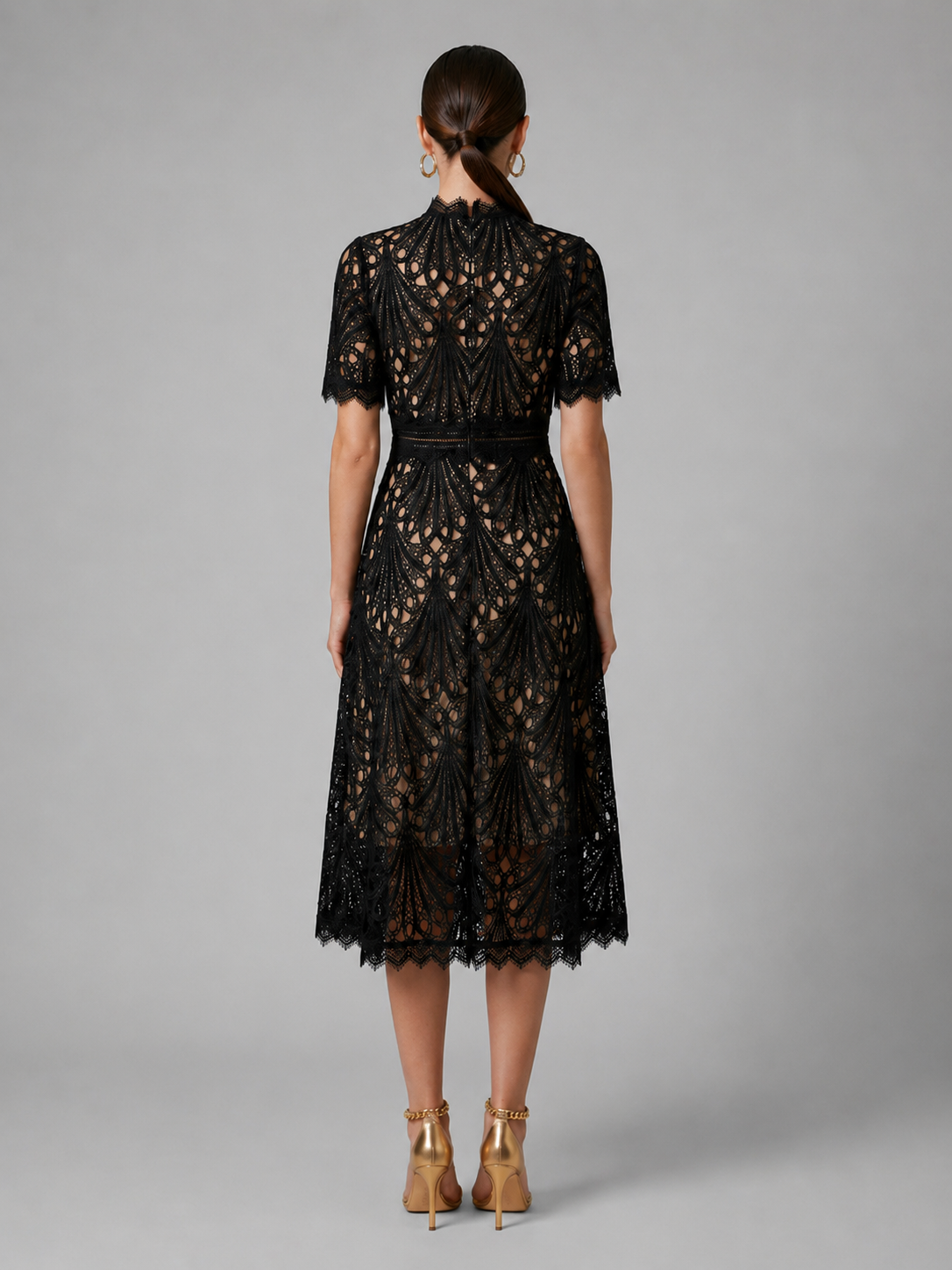 Lace High Neck A Line Midi Dress Cocktail Women