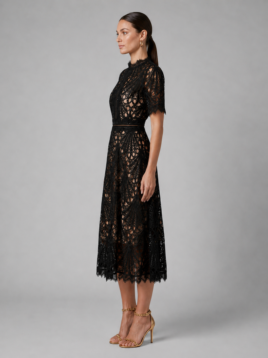 Lace High Neck A Line Midi Dress Cocktail Women