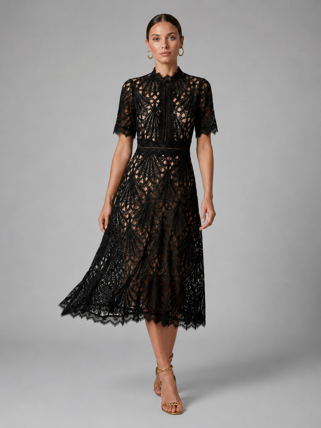 Lace High Neck A Line Midi Dress Cocktail Women