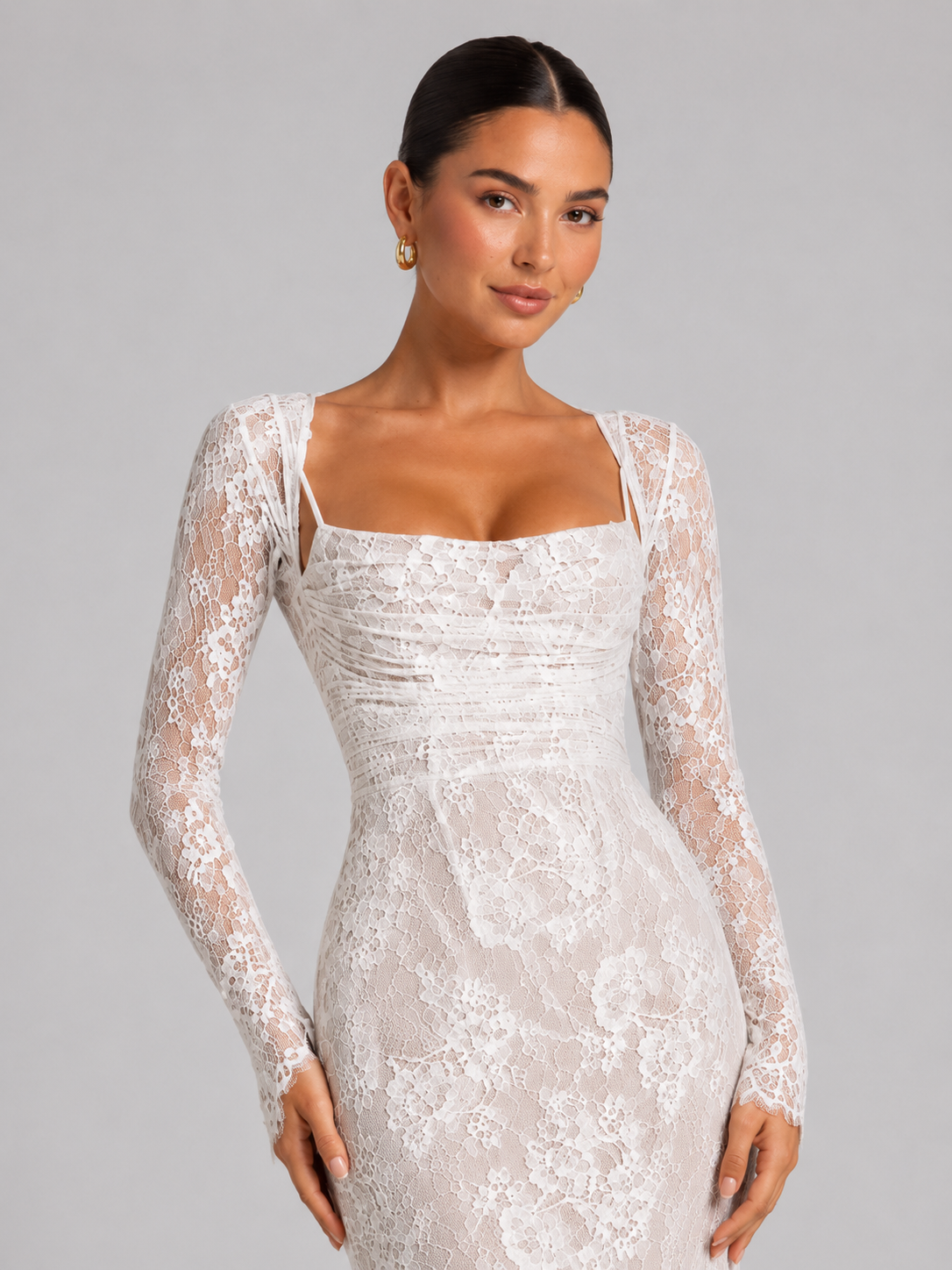 Lace Corset Long Sleeve Maxi Dress Wedding Guest