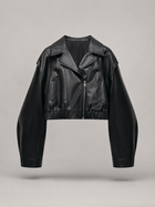 Cropped Faux Leather Zip Biker Jacket Women