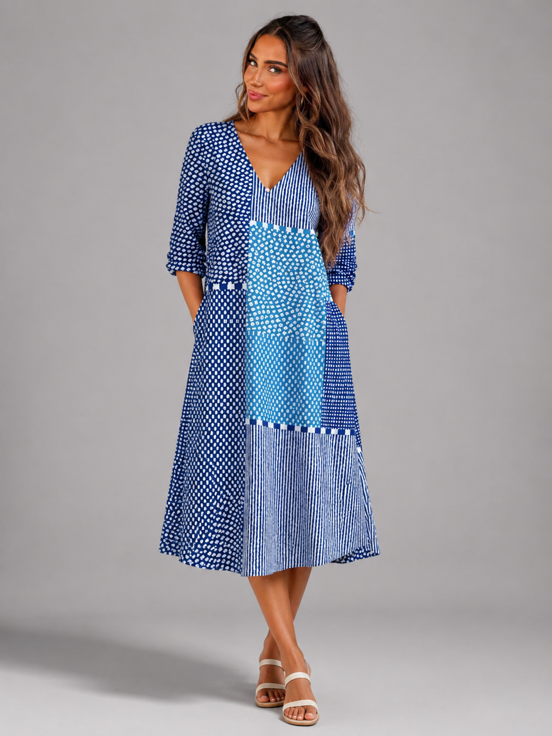 Patchwork Print Cotton Midi Dress Summer Women