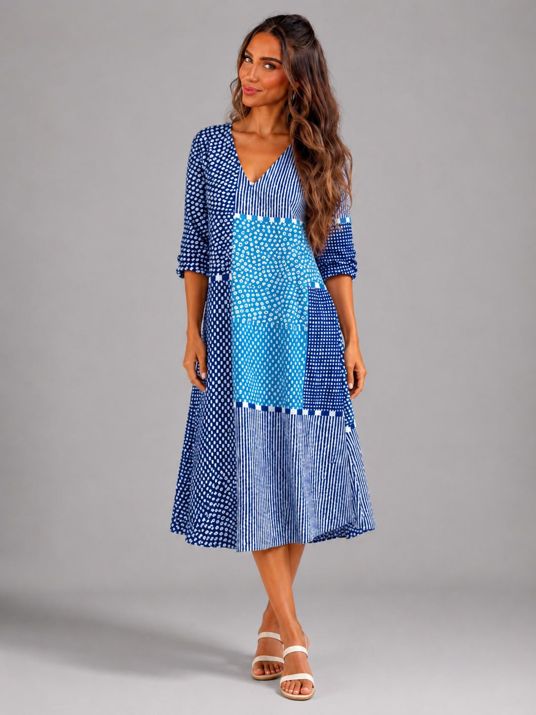 Patchwork Print Cotton Midi Dress Summer Women