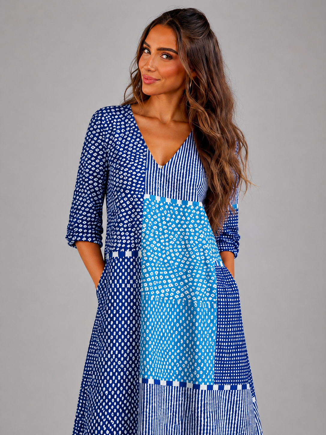 Patchwork Print Cotton Midi Dress Summer Women