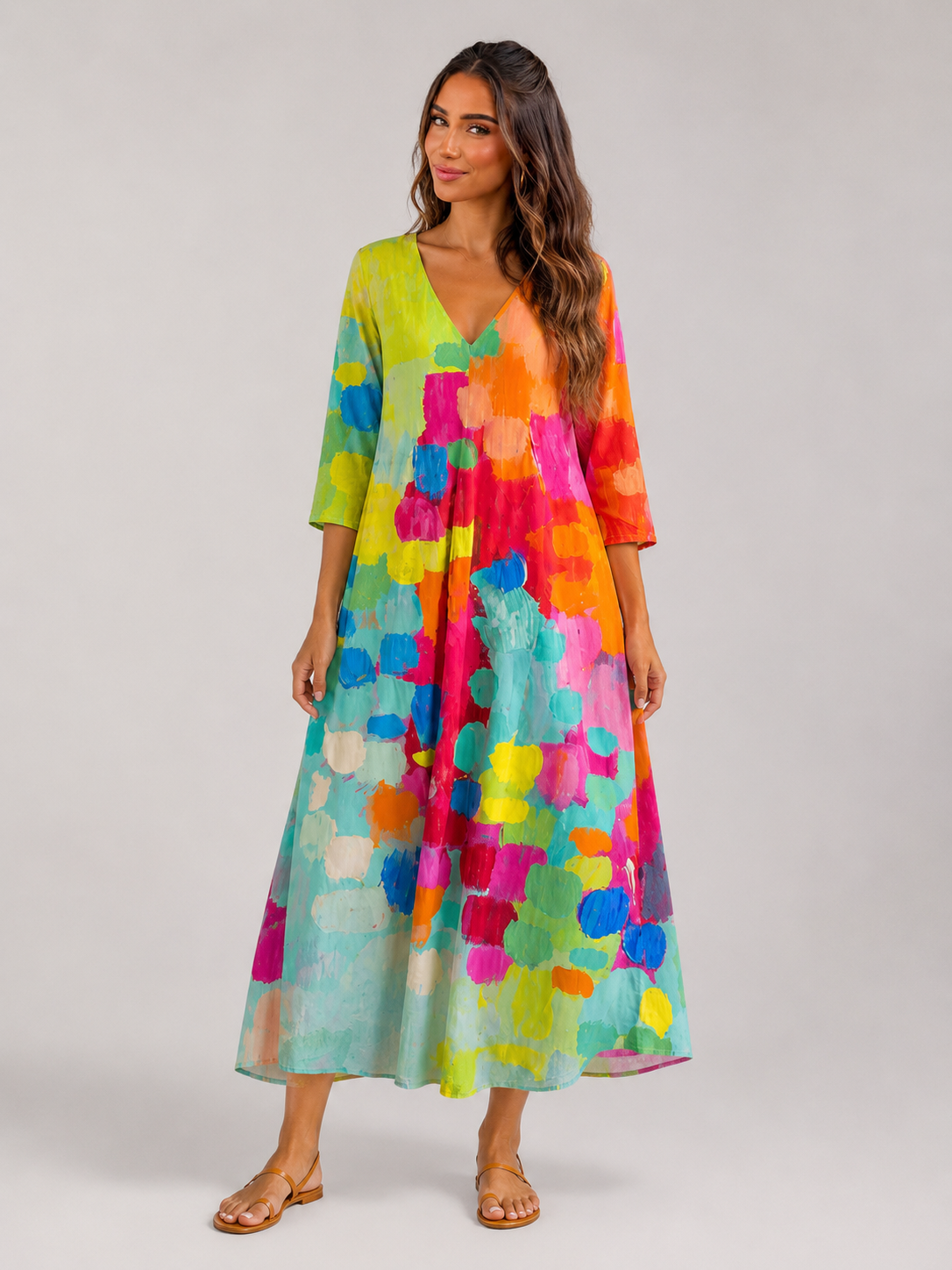 Watercolor Print V Neck Maxi Dress Summer Women