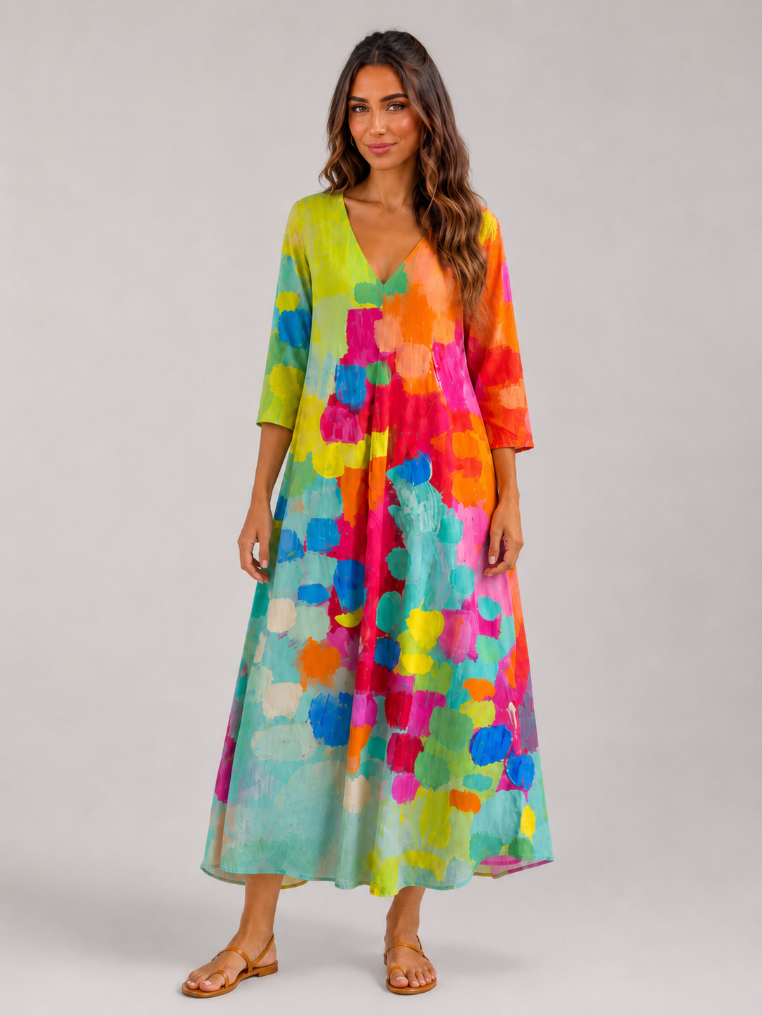 Watercolor Print V Neck Maxi Dress Summer Women