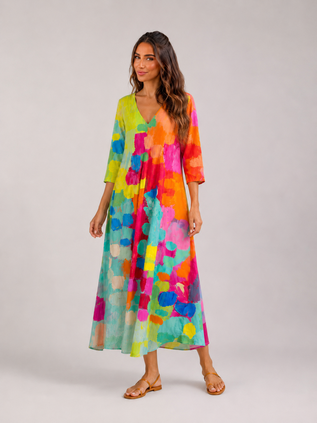Watercolor Print V Neck Maxi Dress Summer Women