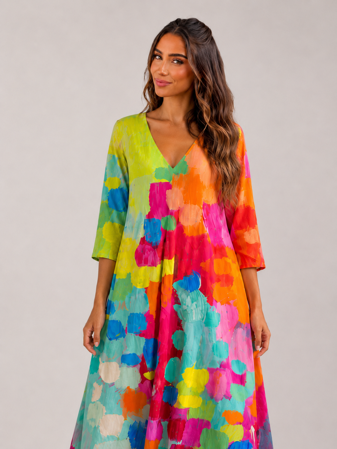 Watercolor Print V Neck Maxi Dress Summer Women