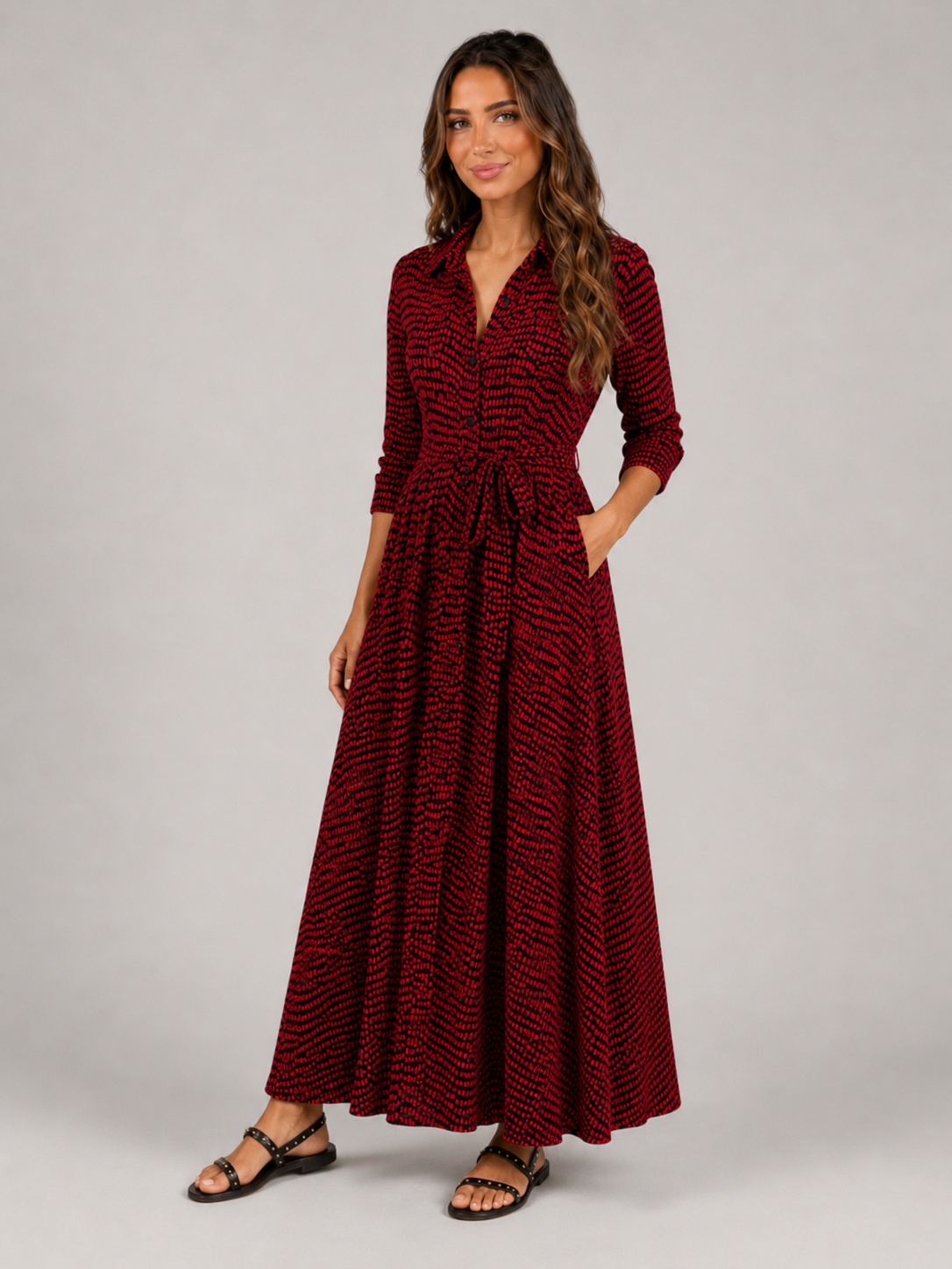 Polka Dot Tie Waist Maxi Shirt Dress Women