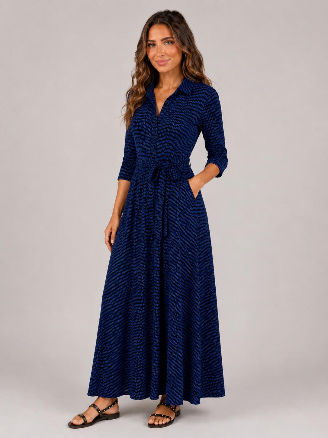 Polka Dot Tie Waist Maxi Shirt Dress Women