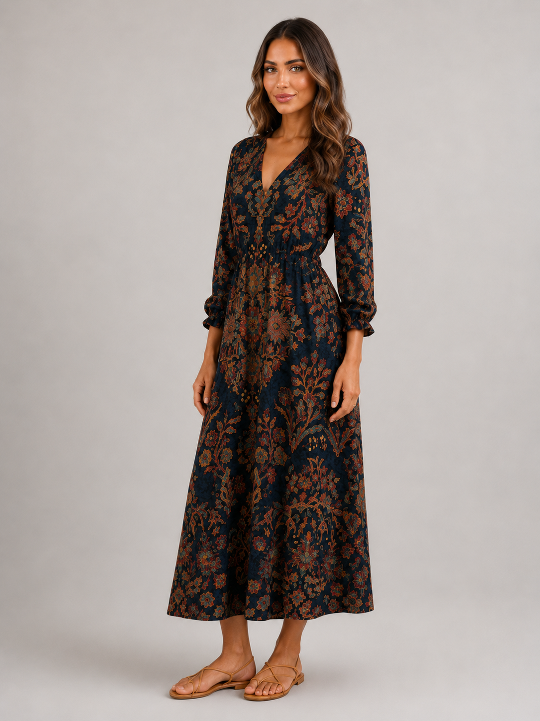 Floral Bohemian V Neck Maxi Dress Autumn Women