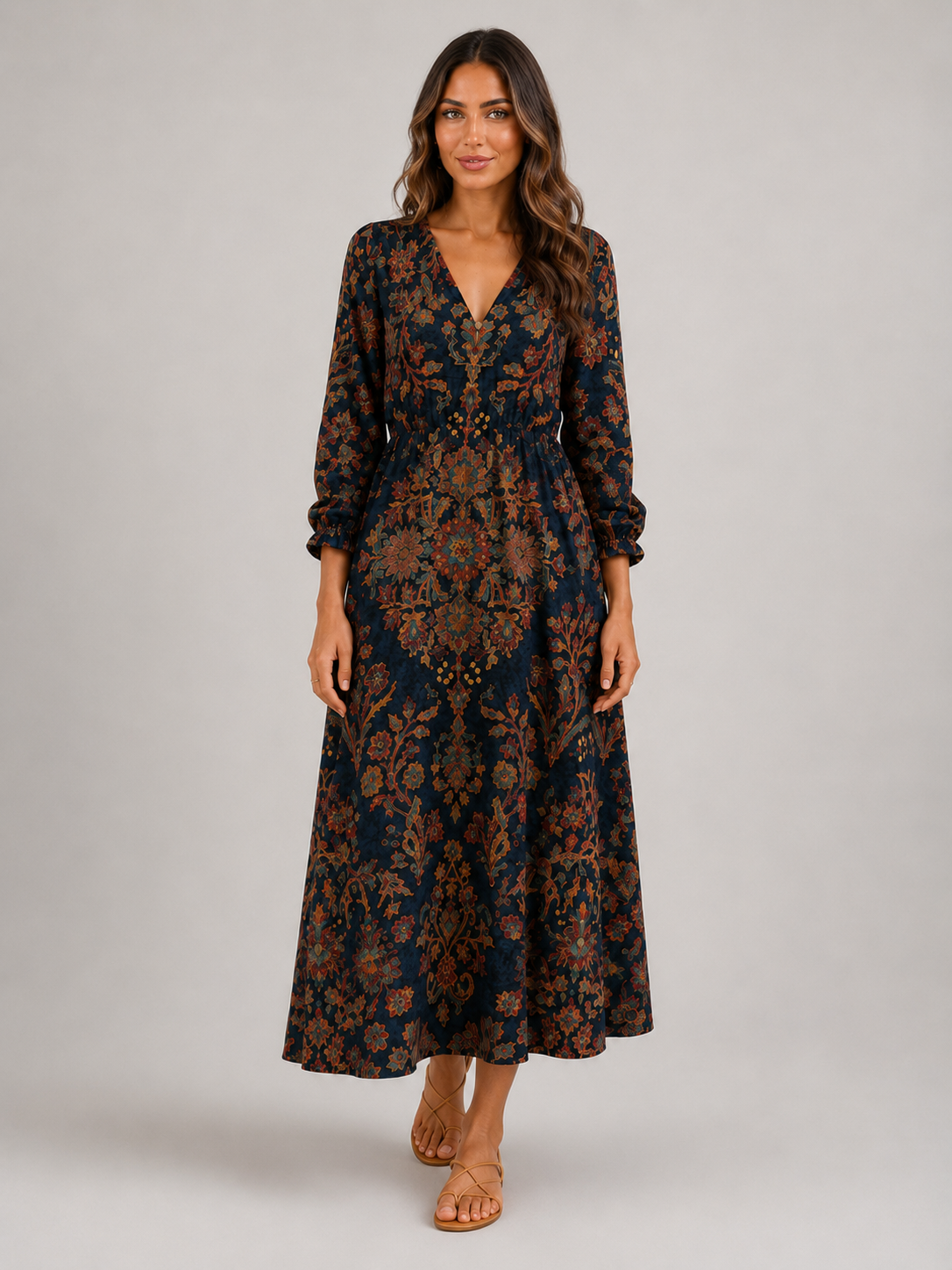 Floral Bohemian V Neck Maxi Dress Autumn Women