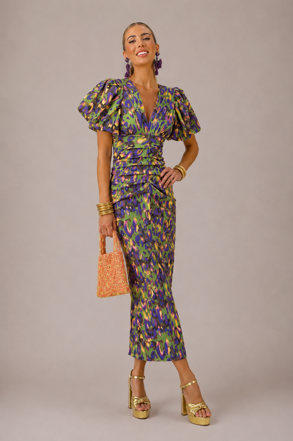 Puff Sleeve Midi Dress Ruched V Neck Wedding Guest