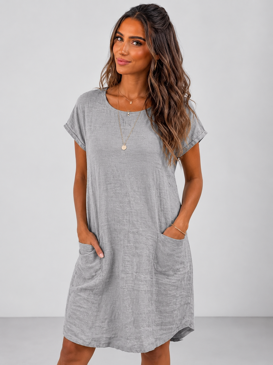 Linen Short Sleeve Pocket Midi Dress Summer Women