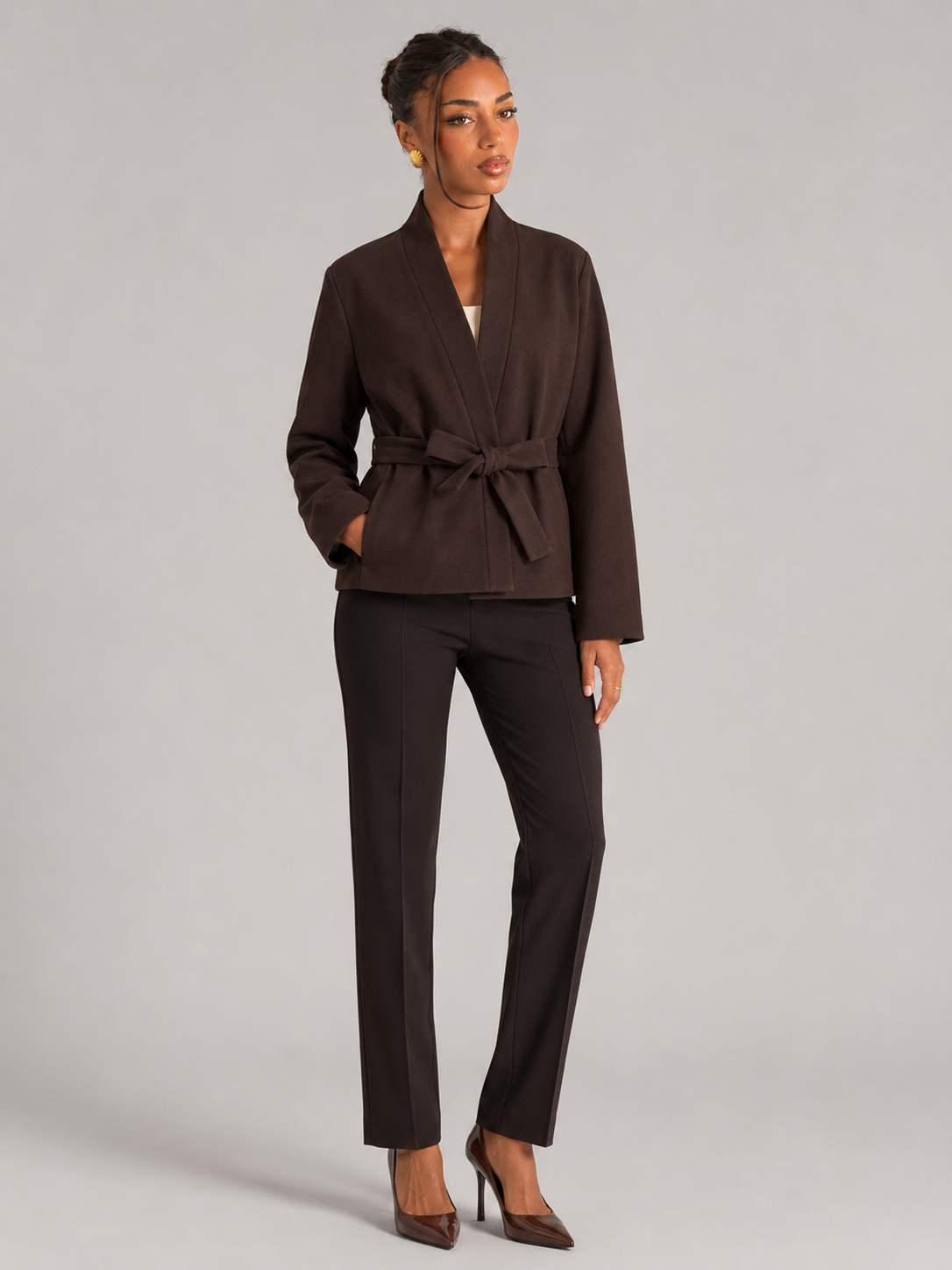 Women's Belted Wrap Jacket With Shawl Collar