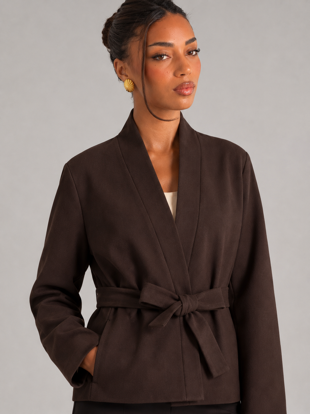 Women's Belted Wrap Jacket With Shawl Collar
