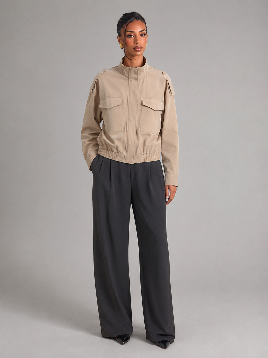 Women's Cropped Utility Jacket With Stand Collar
