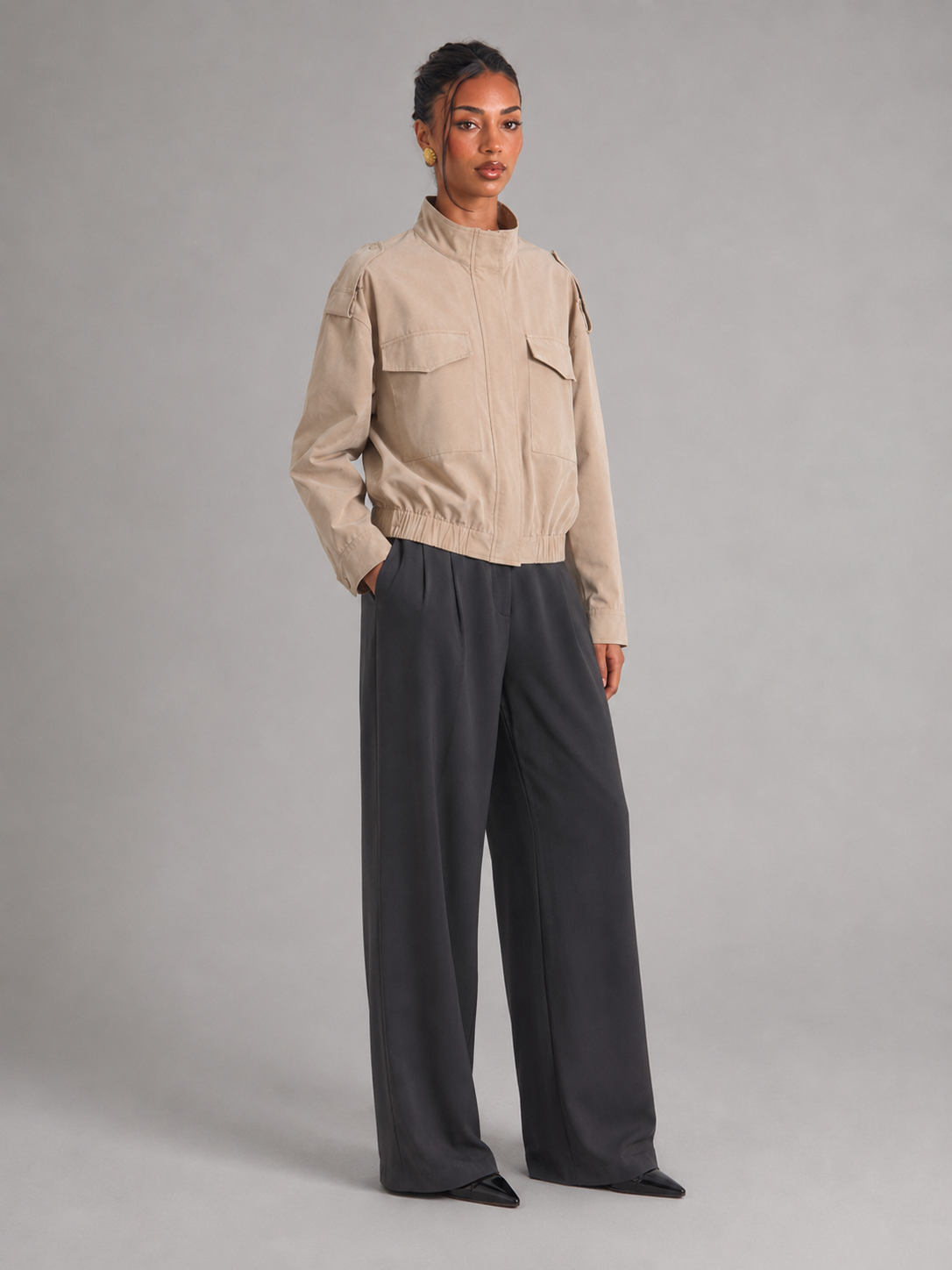 Women's Cropped Utility Jacket With Stand Collar