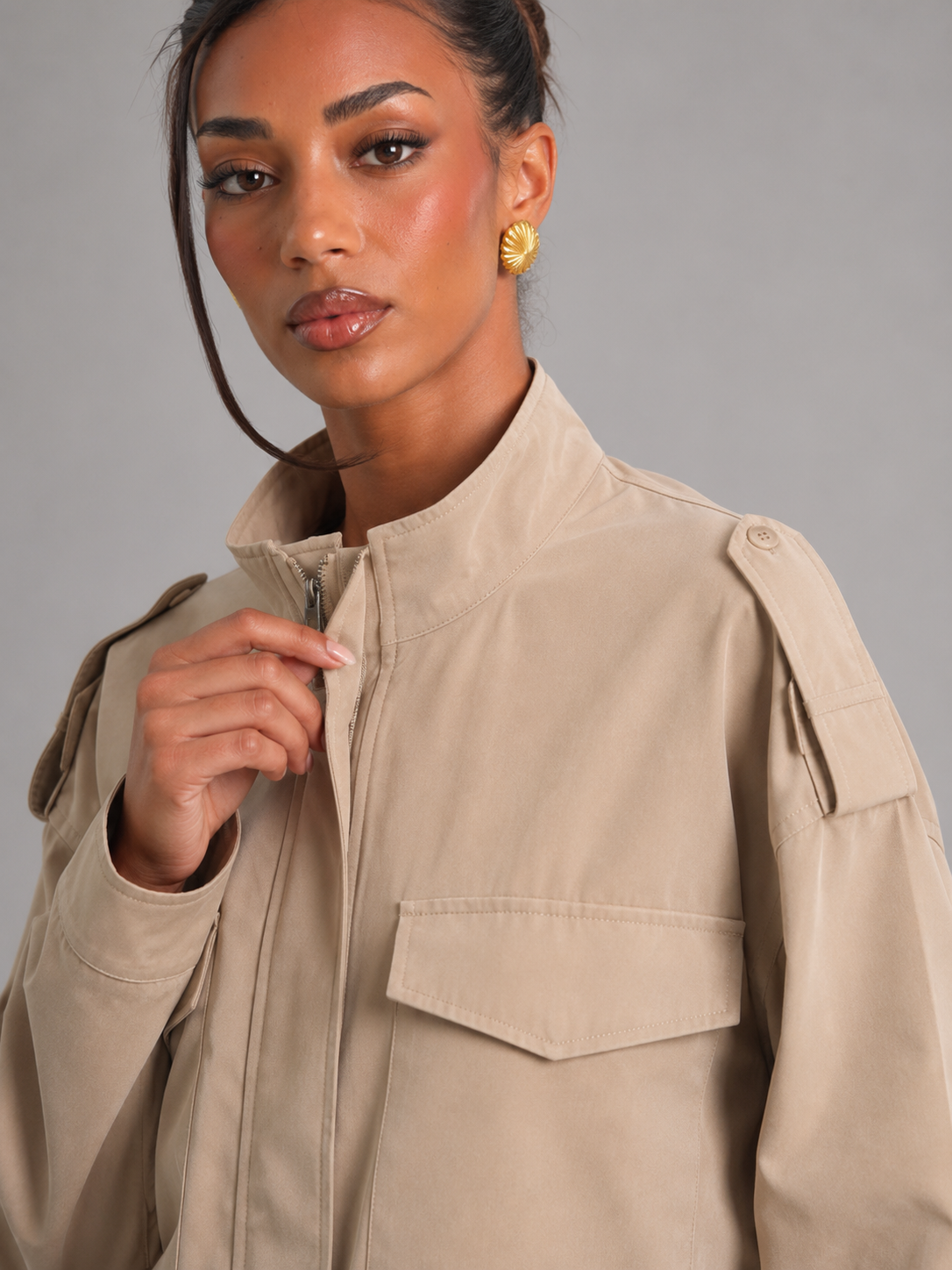 Women's Cropped Utility Jacket With Stand Collar