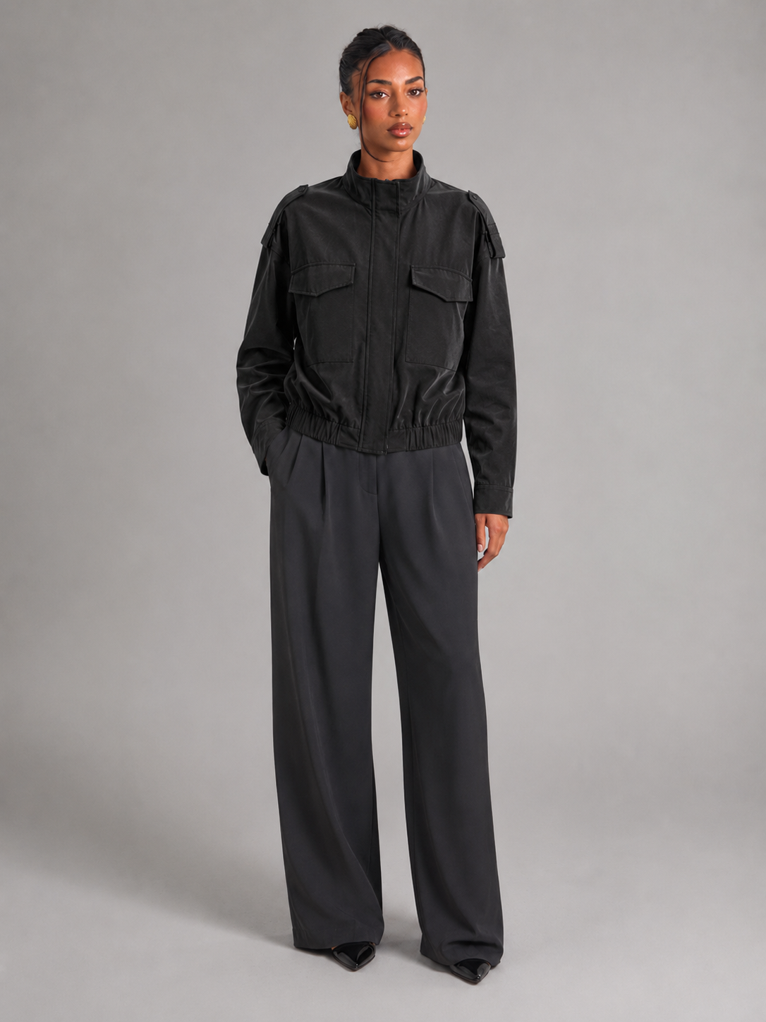 Women's Cropped Utility Jacket With Stand Collar