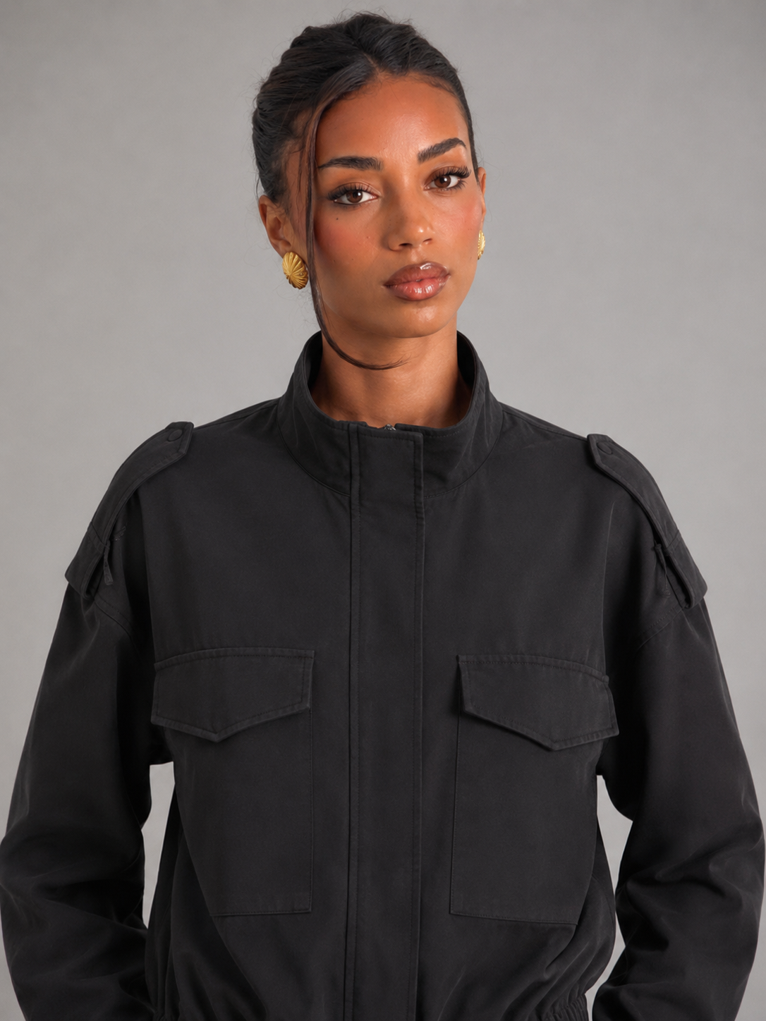 Women's Cropped Utility Jacket With Stand Collar