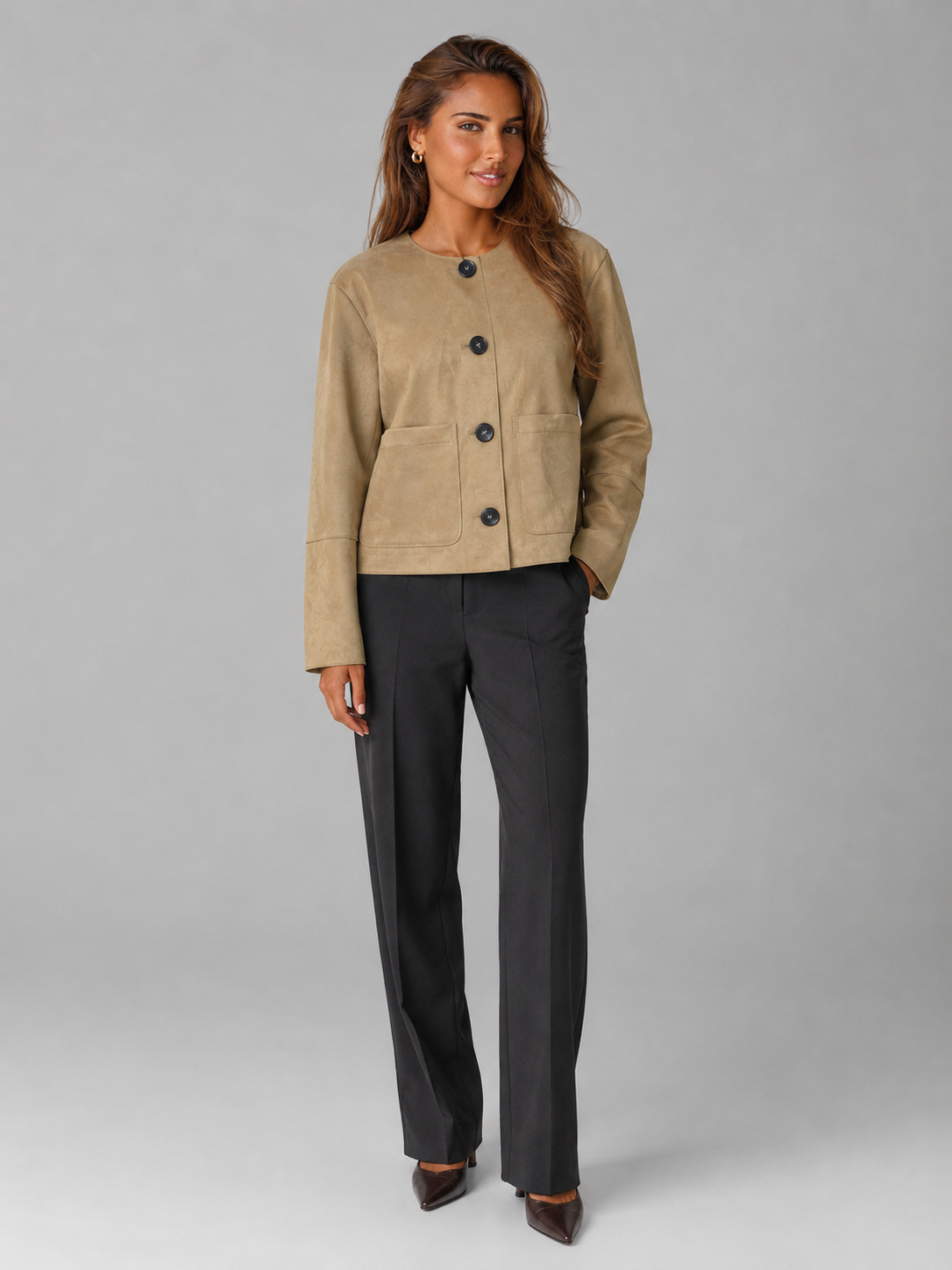 Women's Suede-Look Cropped Jacket With Patch Pockets Tan