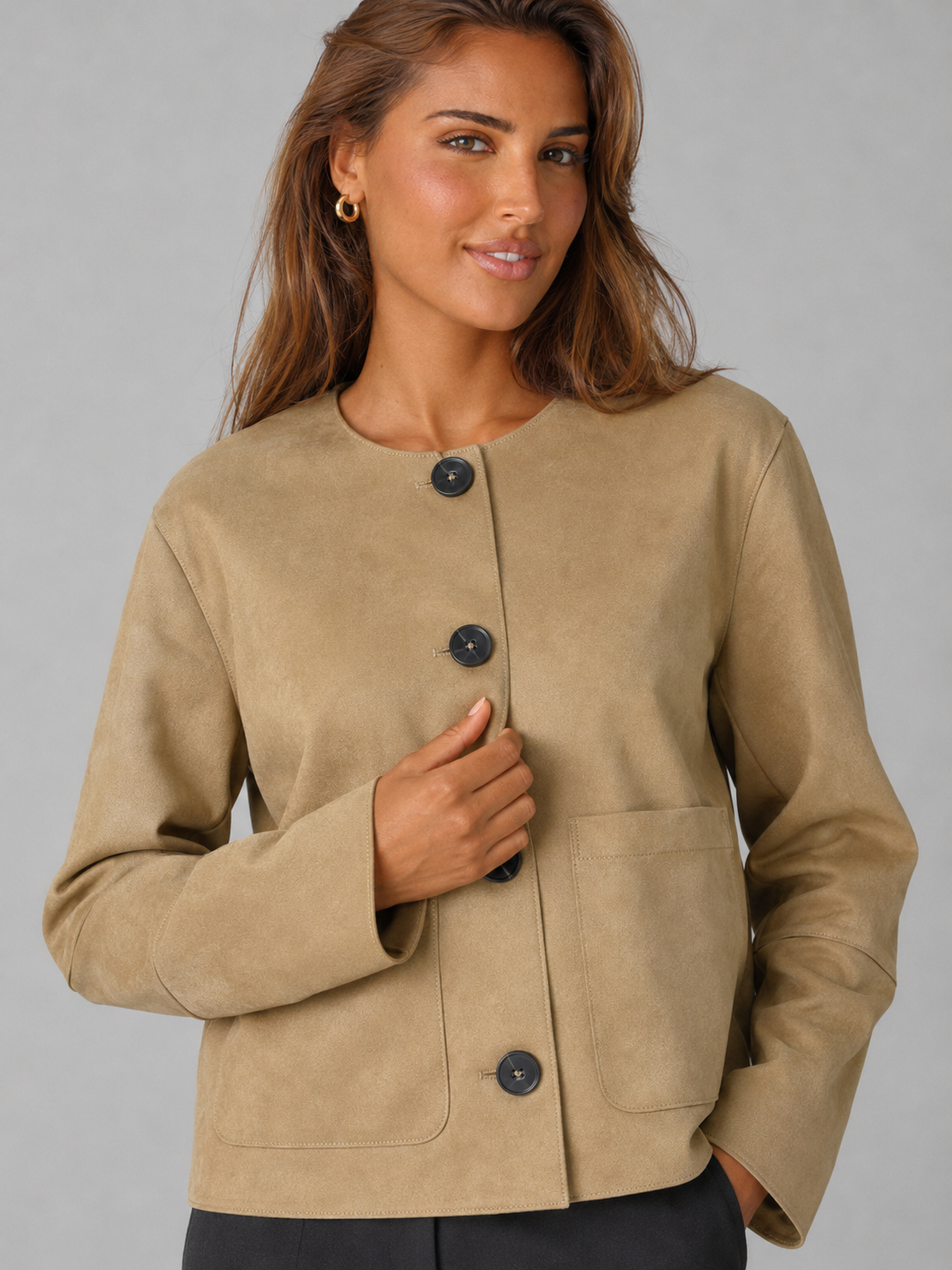 Women's Suede-Look Cropped Jacket With Patch Pockets Tan
