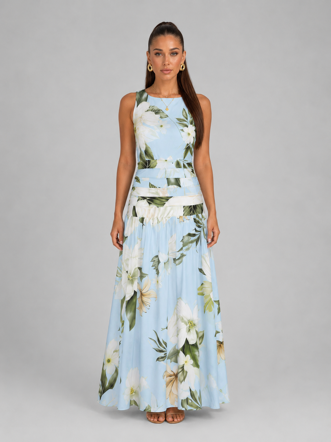 Floral Boat Neck Sleeveless Maxi Dress Wedding Guest