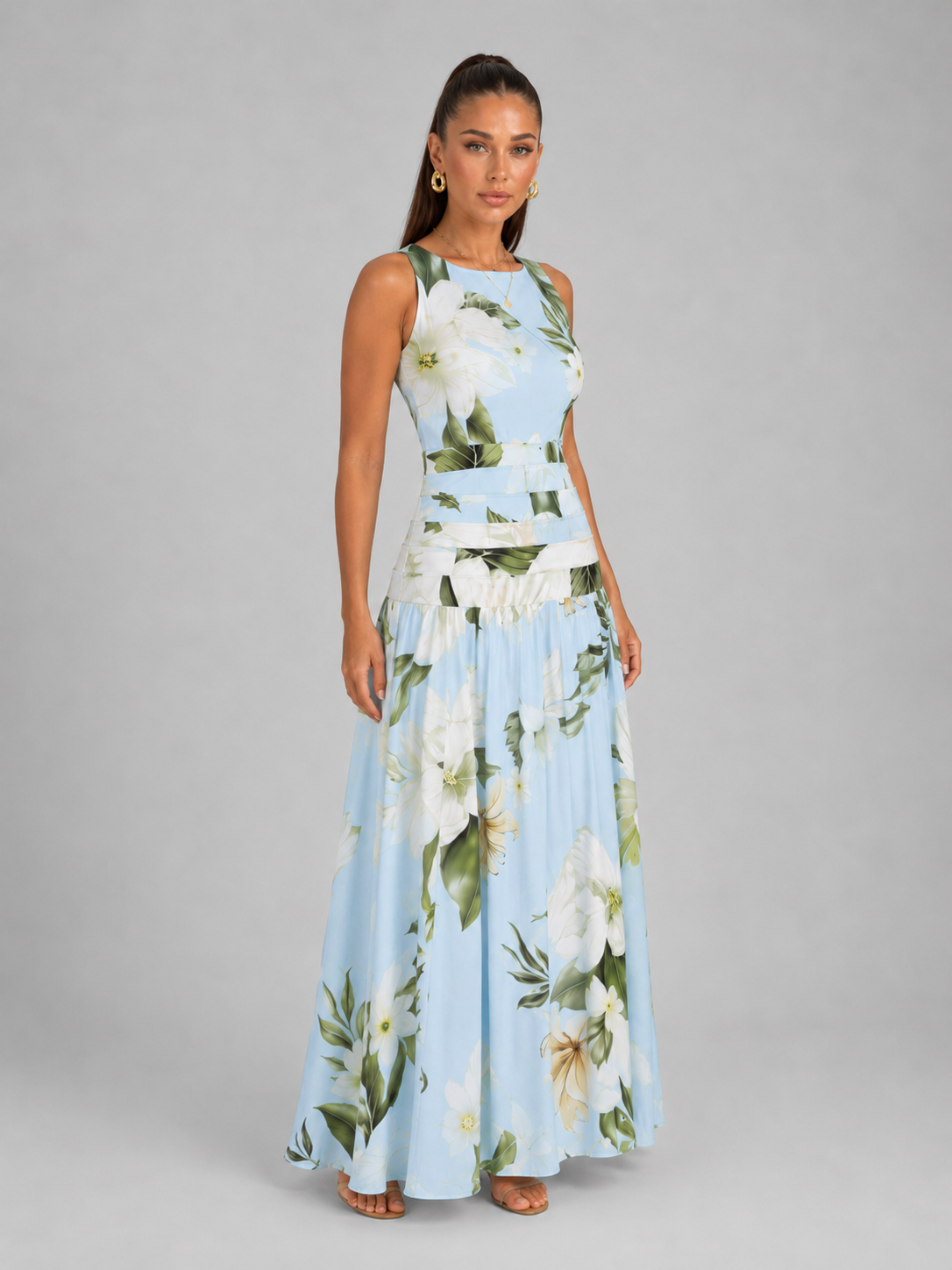 Floral Boat Neck Sleeveless Maxi Dress Wedding Guest