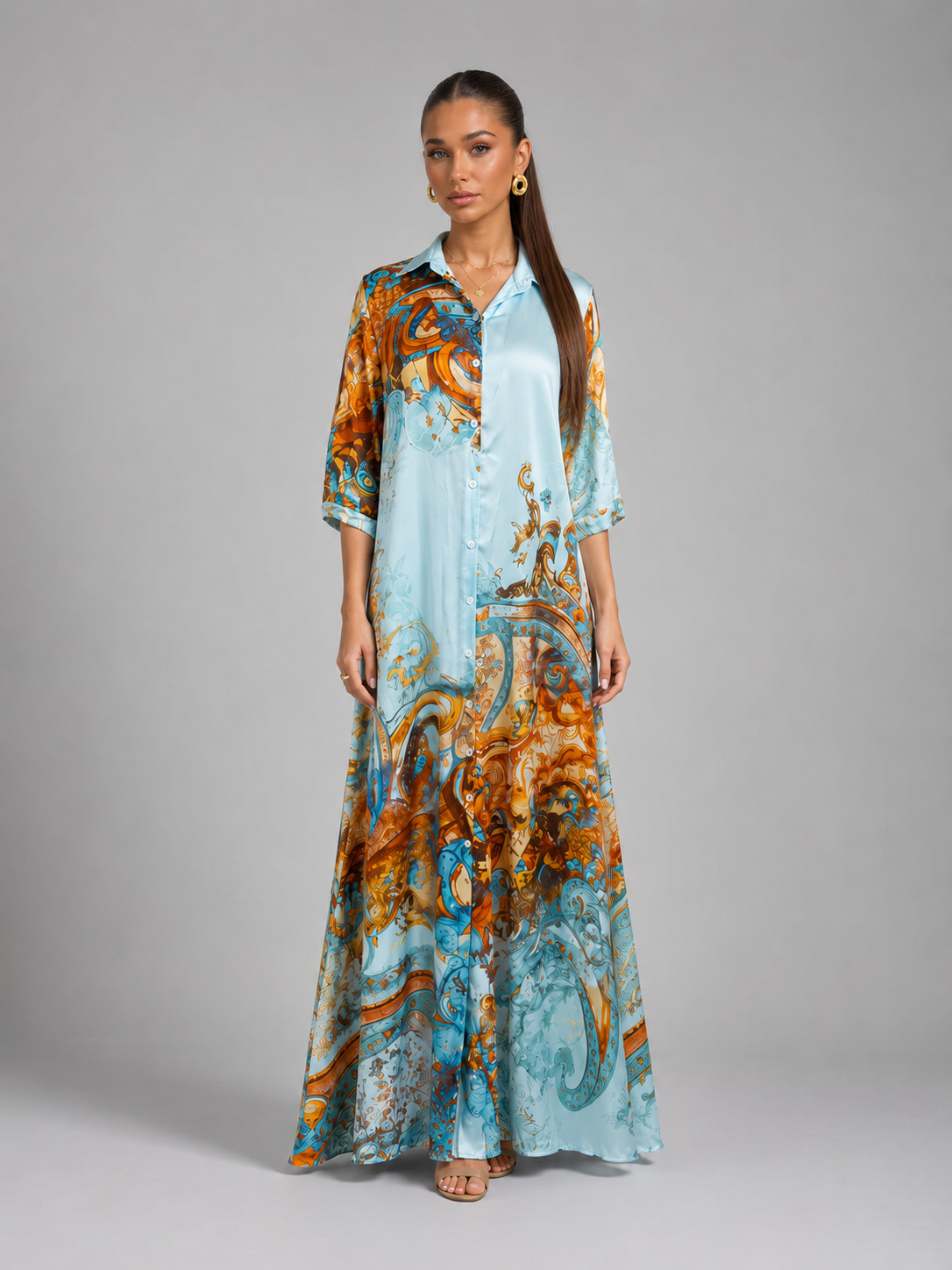 Baroque Print Button Front Shirt Maxi Dress Summer Women