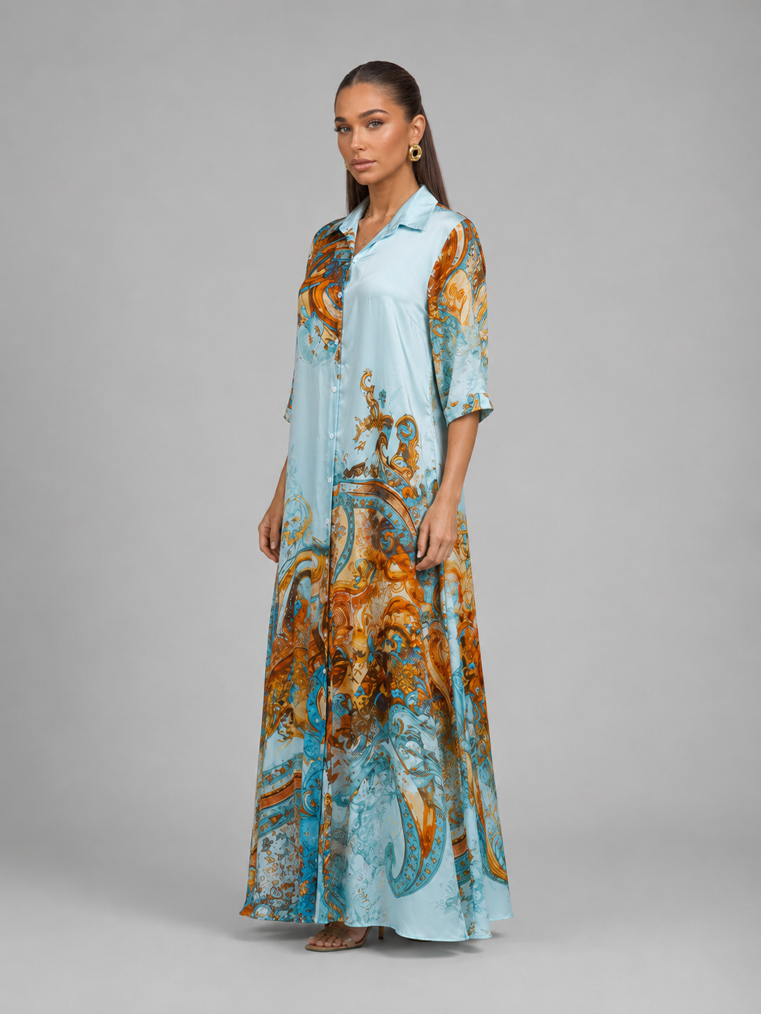 Baroque Print Button Front Shirt Maxi Dress Summer Women